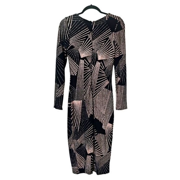 Betsey Adam Black & Gold Sparkly Geometric Glitter Longsleeve Midi Bodycon Dress - Picture 2 of 15